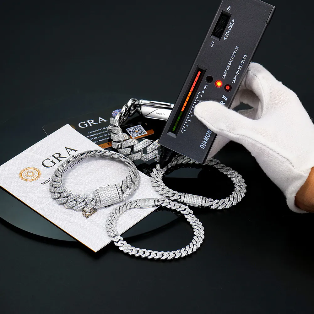 Four 925 silver moissanite Cuban chains of various widths passing diamond tester with full signal