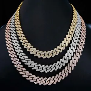 Three-tone display of 10mm VVS moissanite Cuban chains in white gold, yellow gold, and rose gold on mannequin
