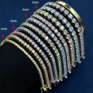 Silver moissanite tennis chains in 2mm to 6.5mm sizes displayed on a balck cylinder