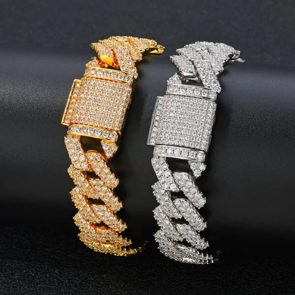 One gold and one silver 14mm brass Cuban bracelet wrapped around a cylinder for wear simulation