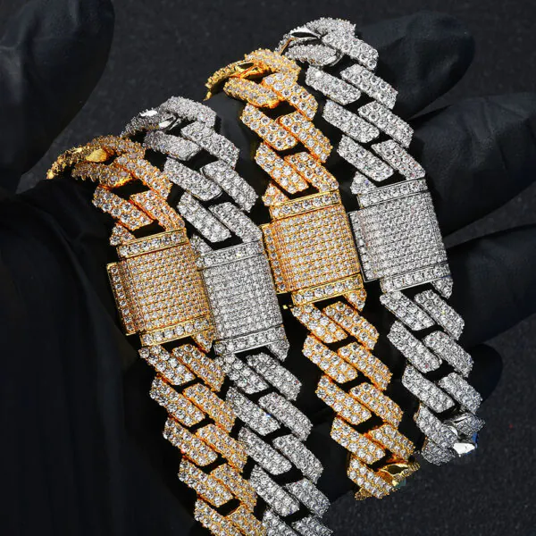 Two gold and Two silver 14mm brass Cuban bracelet wrapped around a cylinder for wear simulation