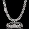 One silver 14mm Cuban chain hanging on top,   with matching bracelet below on black background