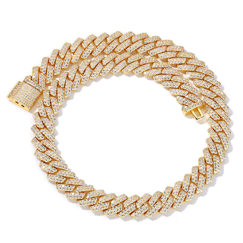 14mm gold plated brass iced out Cuban link chain laid flat on white background