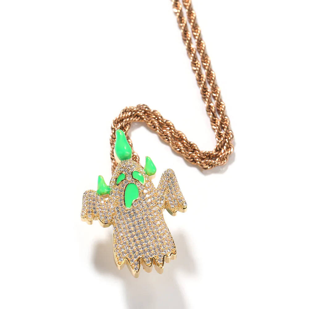 Gold ghost pendant with luminous drip oil on white background display