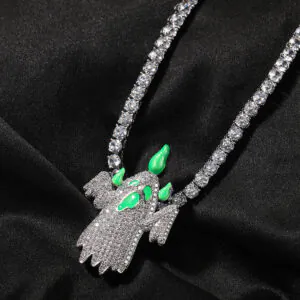 Silver luminous ghost pendant paired with iced out tennis chain