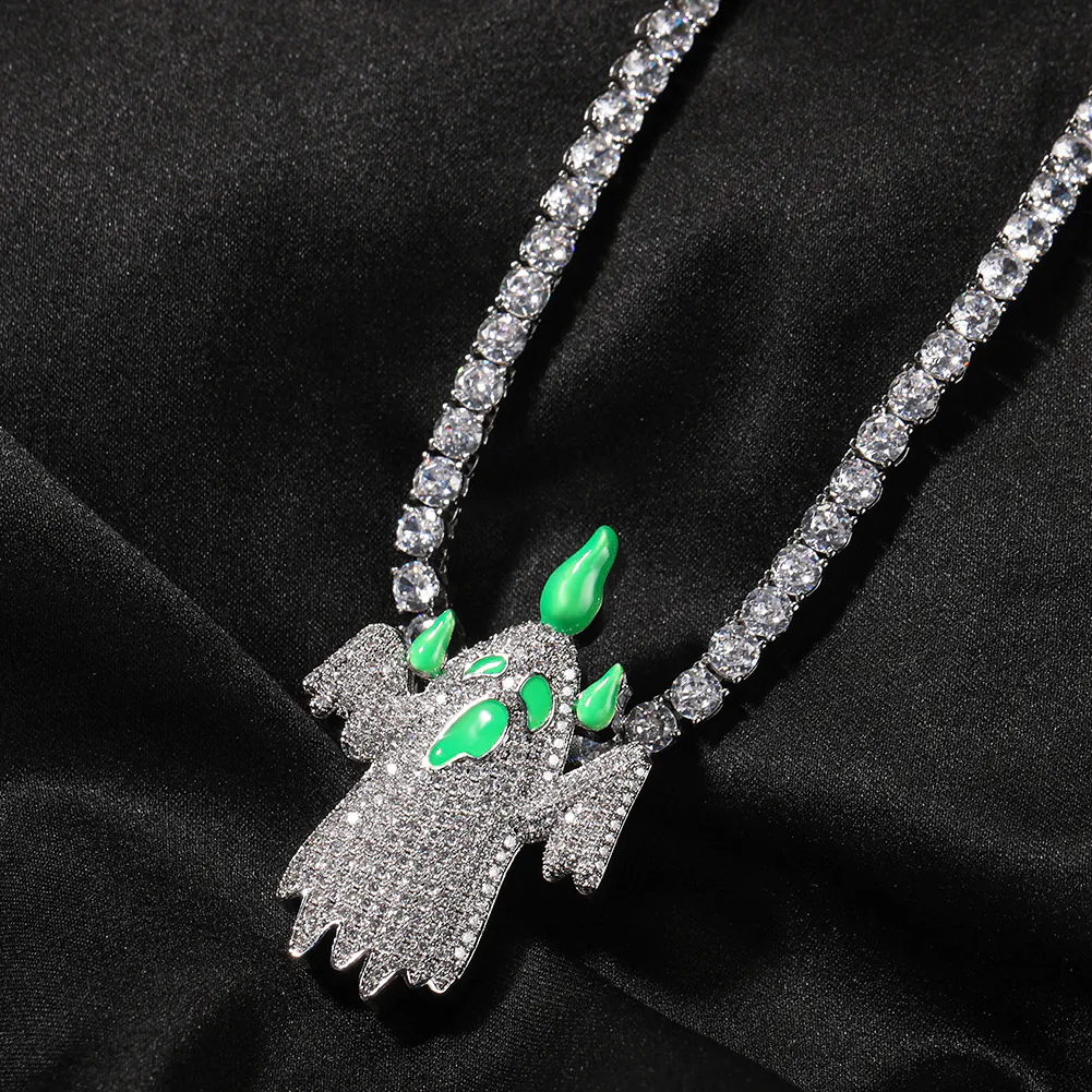 Silver luminous ghost pendant paired with iced out tennis chain