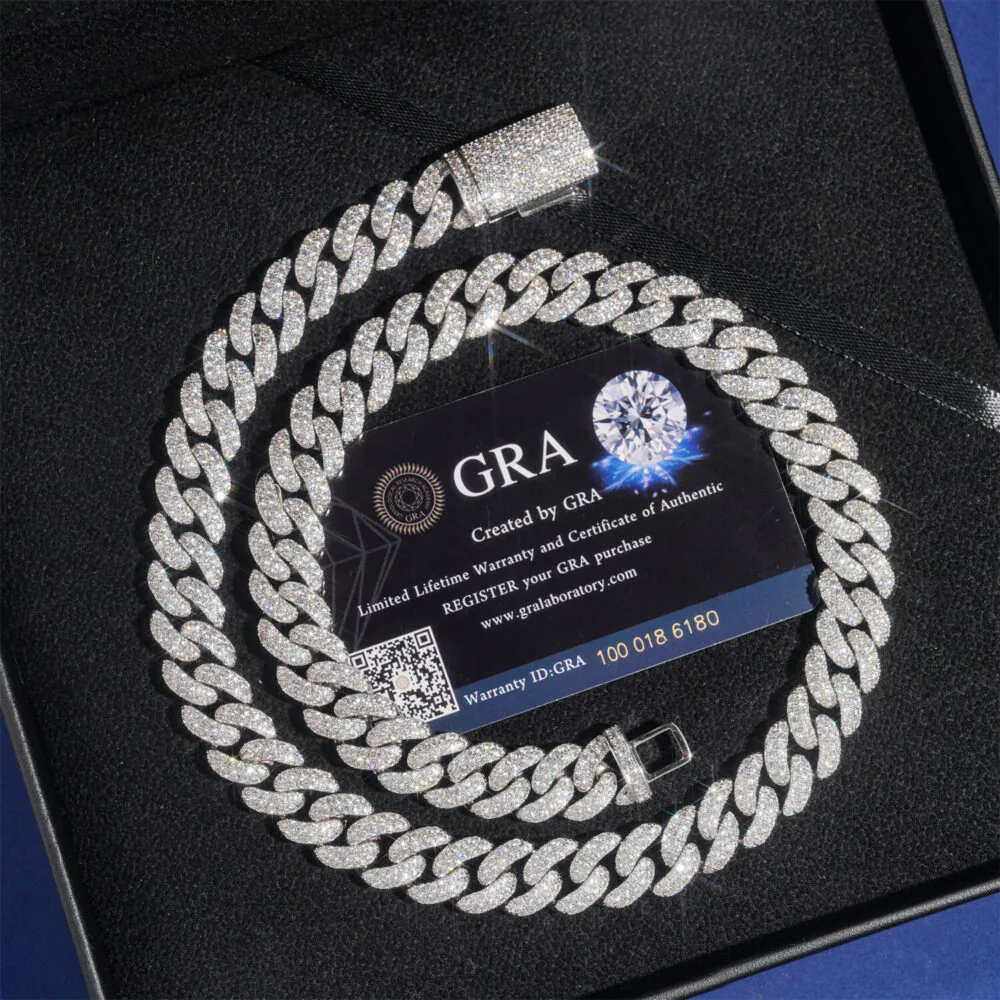 Full view of 12mm silver Round Cuban chain displaying fluid link structure and brilliant VVS moissanite shine