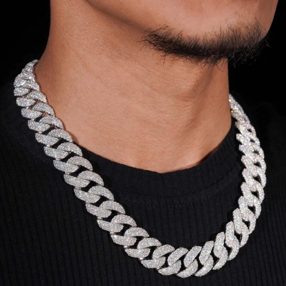 Model wearing 16mm Round Cuban chain necklace showing natural drape, moissanite brilliance, and iced out luxury look