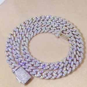 8mm silver Round Cuban chain with GRA certified VVS moissanite laid flat showing polished round links and craftsmanship