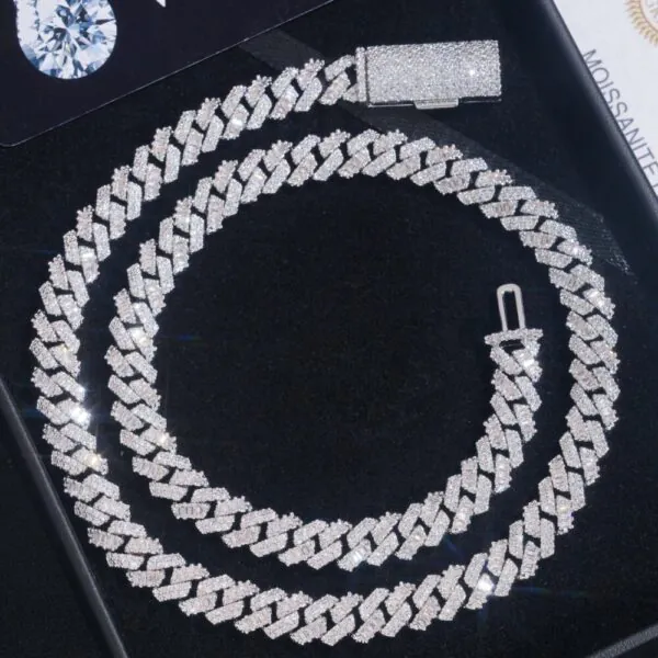 8mm silver Flat Cuban chain with VVS moissanite laid flat on white background showing craftsmanship