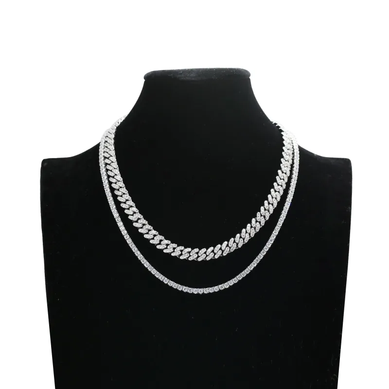 brass CZ cuban and tennis chain set front view showing 9mm cuban and 3mm tennis necklace layered together