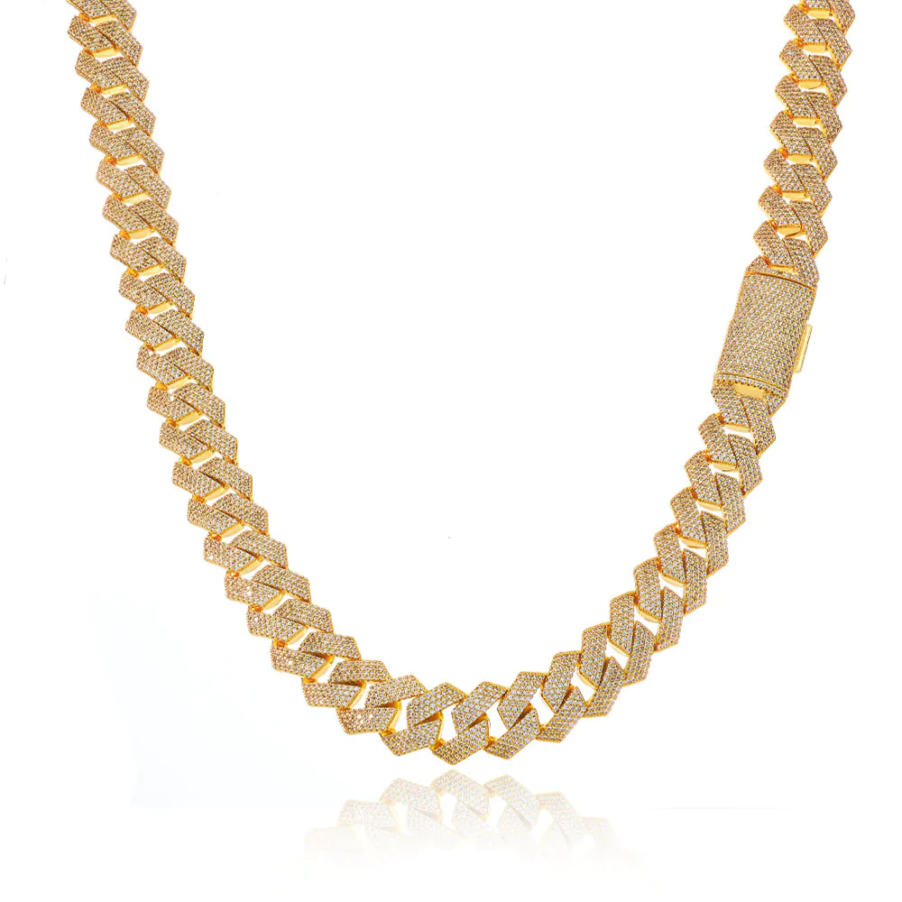 15mm real cuban link chain front view showing 4-row CZ stones and 18K gold plating