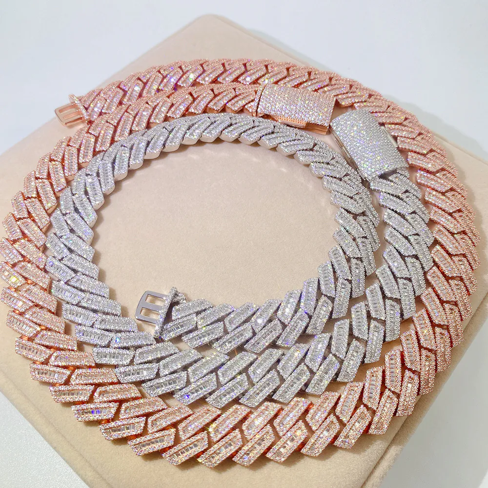 18K White Gold and rose Gold baguette box cuban chains side-by-side