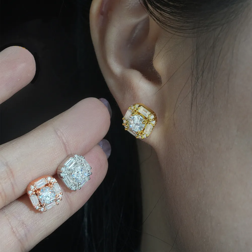 model wearing 10mm moissanite baguette cluster square stud earrings in 925 silver