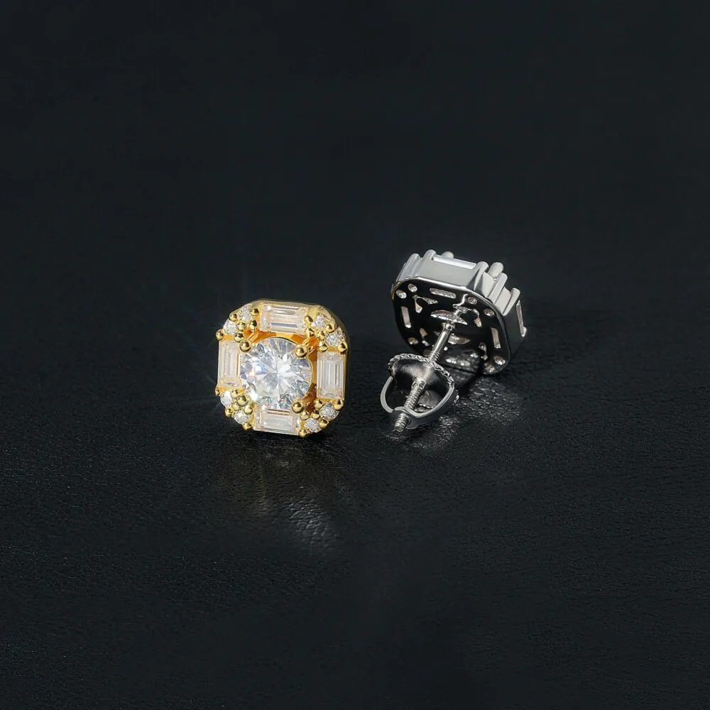 back view of 925 silver moissanite cluster square stud earrings with screw-back post