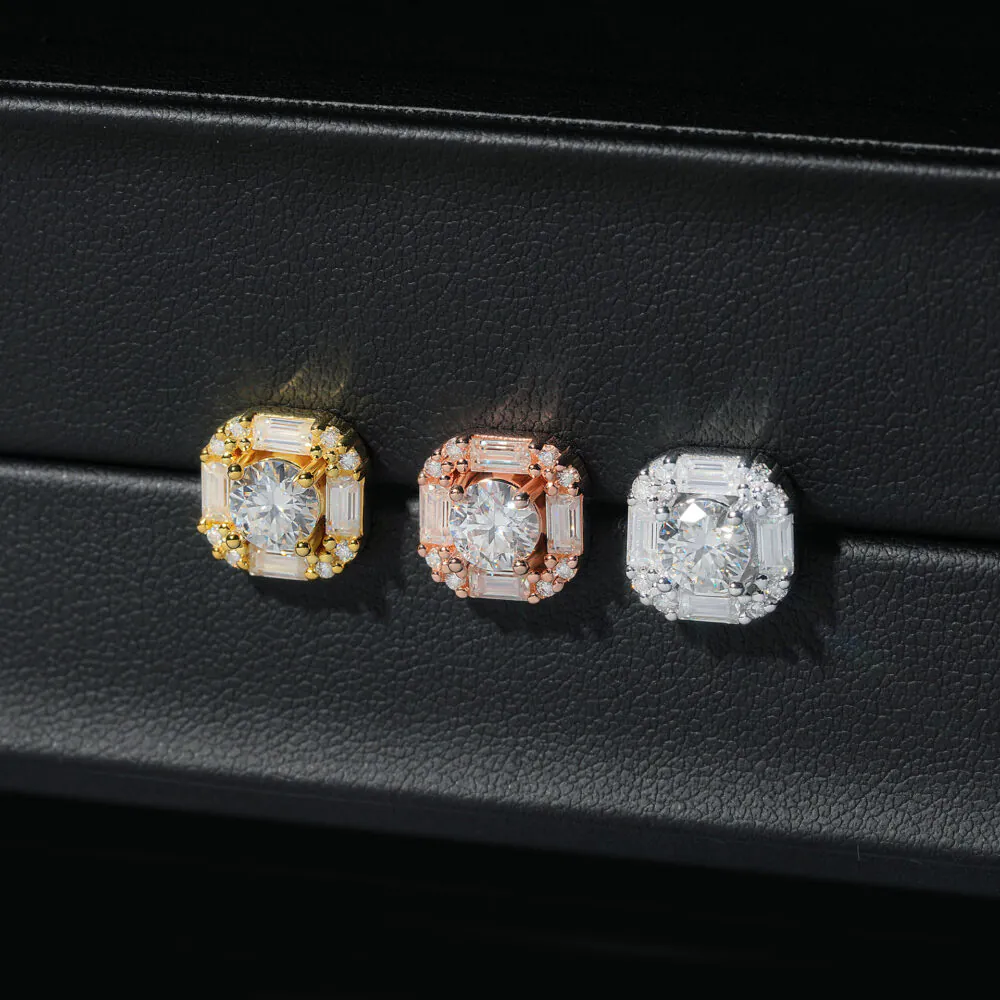 gold, white gold, and rose gold 925 silver baguette cluster square moissanite stud earrings front view