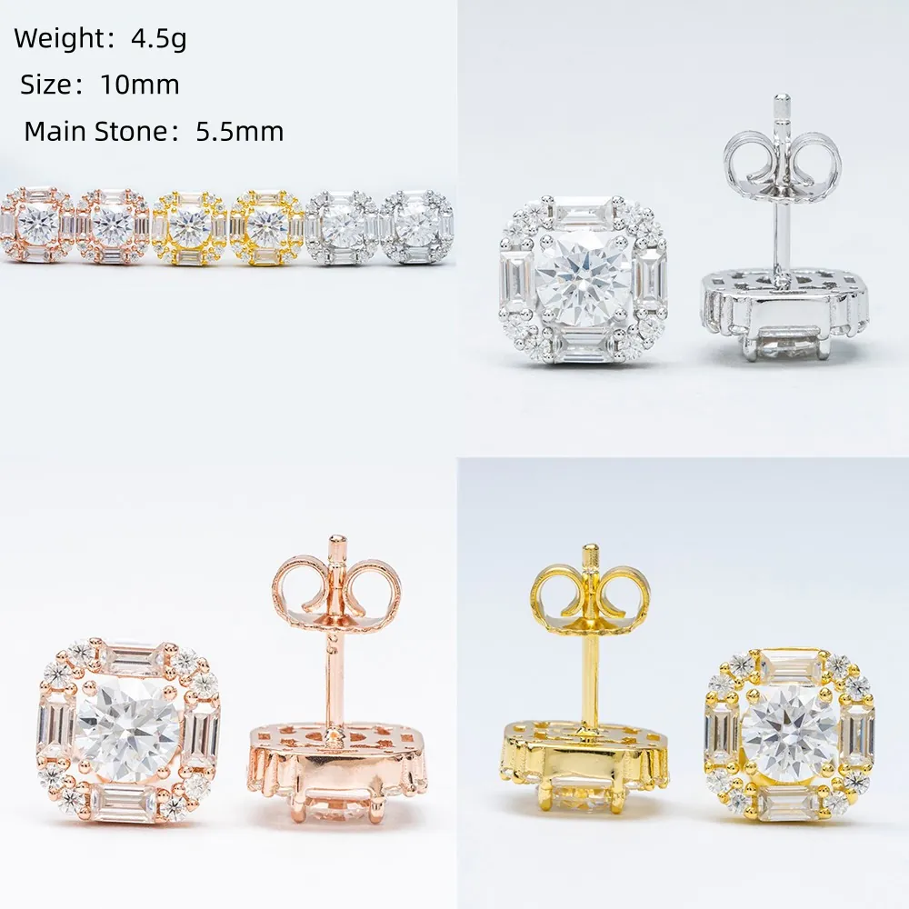 comparison of three color options of moissanite baguette square stud earrings on white background