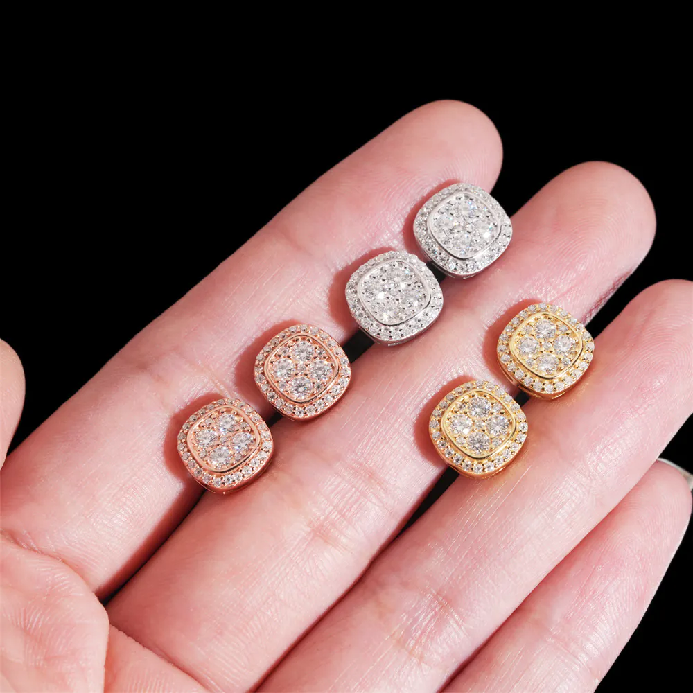 Three color moissanite cluster studs in white gold yellow gold and rose gold