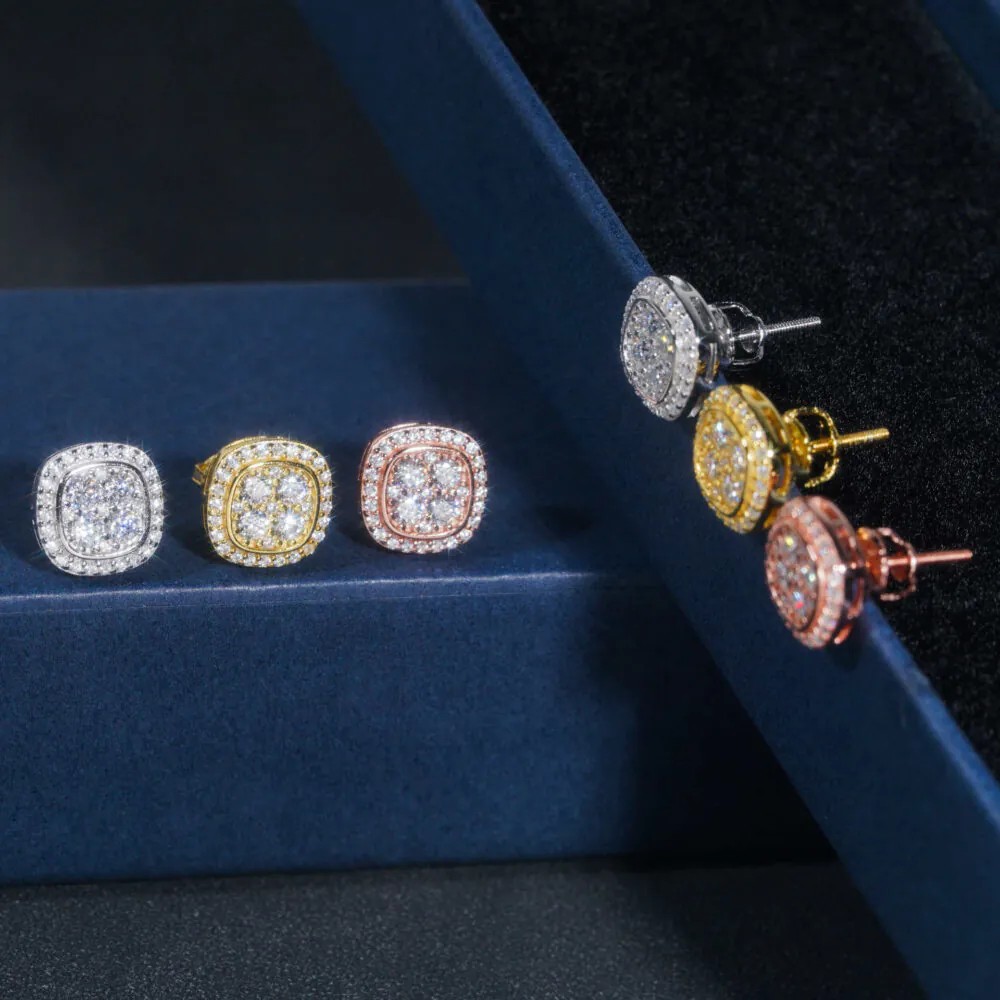 Close-up detail of square moissanite cluster stud earrings