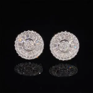 Baguette Cut Moissanite Stud Earrings in White Gold Plating, front view