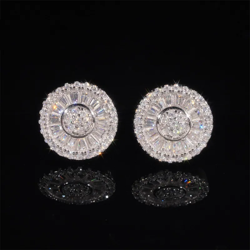 Baguette Cut Moissanite Stud Earrings in White Gold Plating, front view