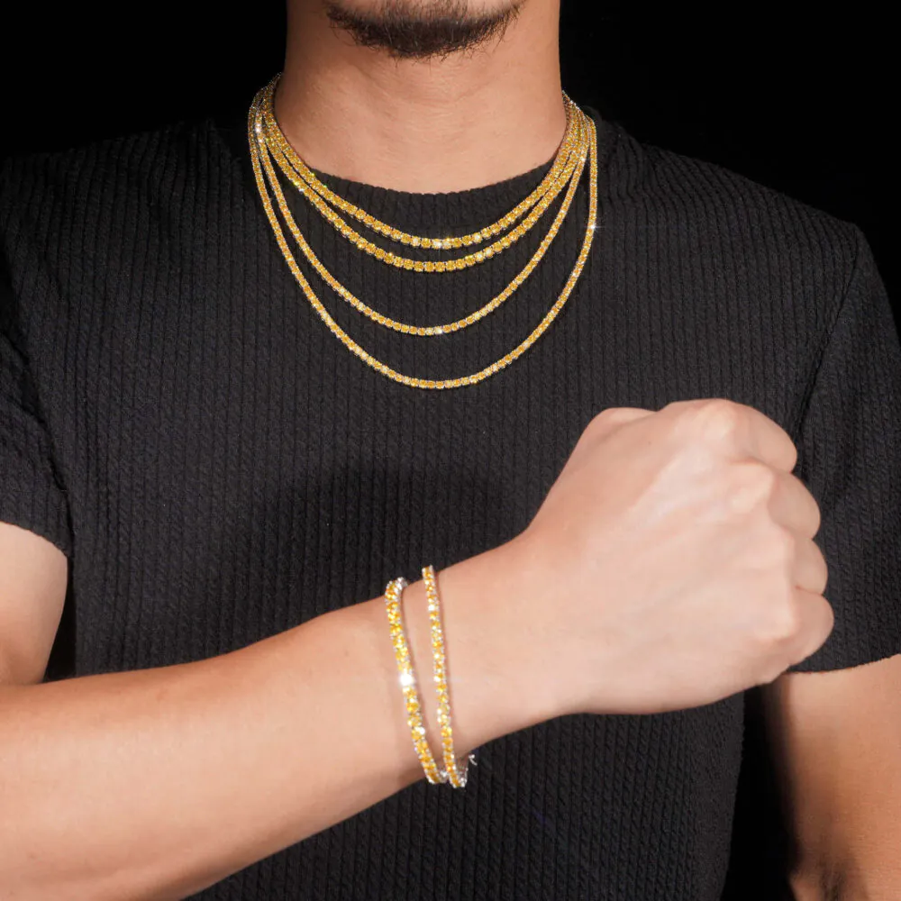 Model wearing yellow moissanite tennis chain necklace showing 3mm and 4mm options