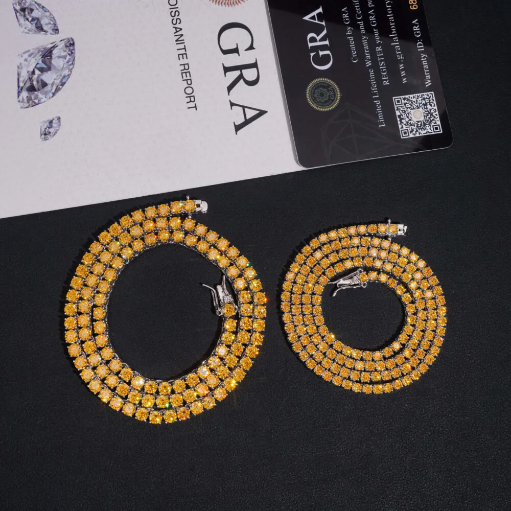 Yellow moissanite tennis chain necklace front view on black background