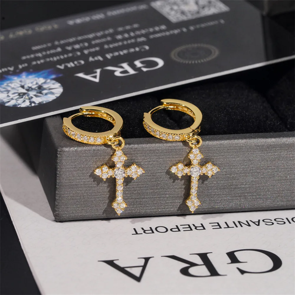 Yellow gold iced cross hoop earrings front view on GRA background