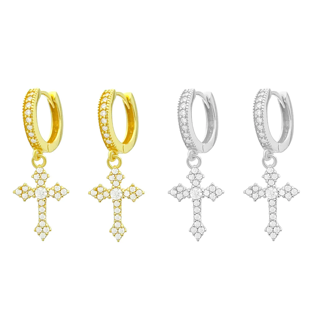 SKU display of iced cross hoop earrings in white and yellow gold