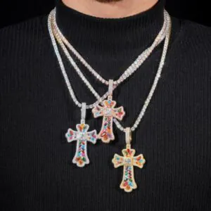 multi Rainbow moissanite cross necklace 925 silver pendant with GRA certification