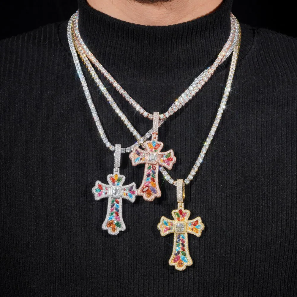 multi Rainbow moissanite cross necklace 925 silver pendant with GRA certification