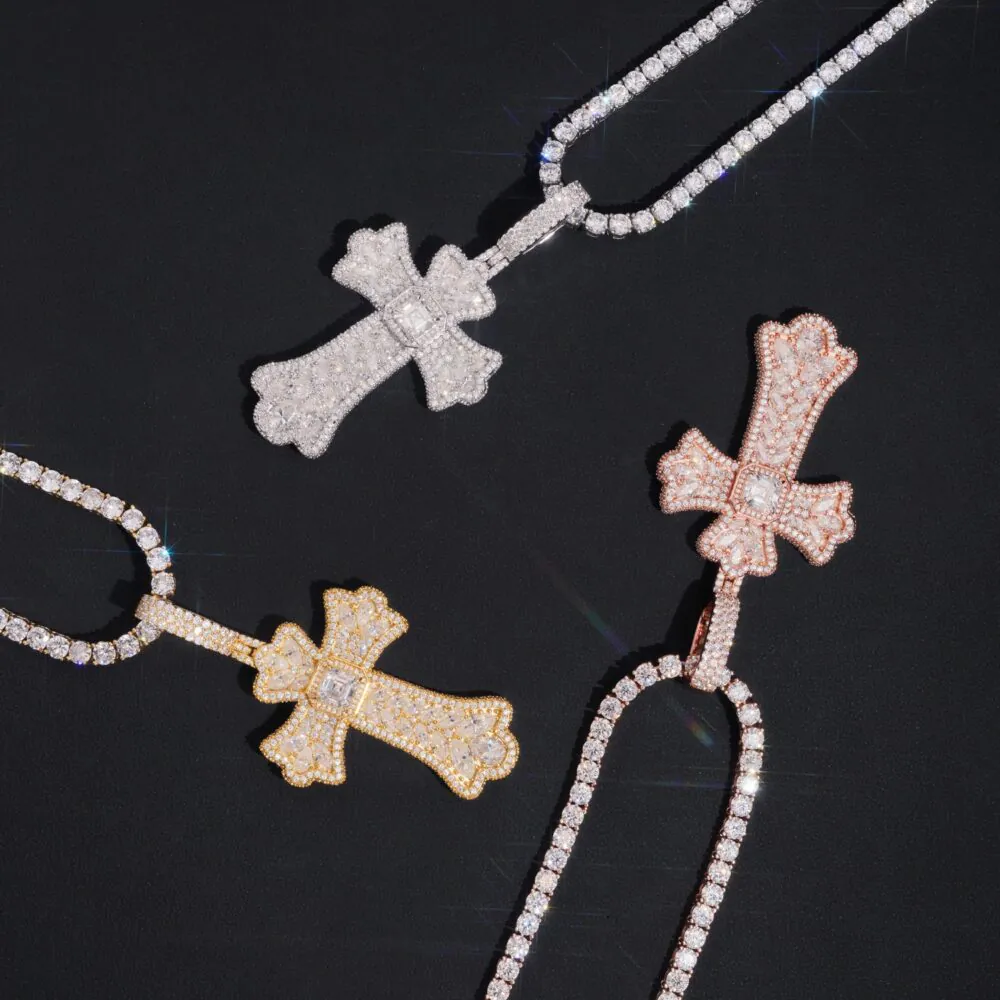 close-up of moissanite cross pendant showing detailed stone setting and shine