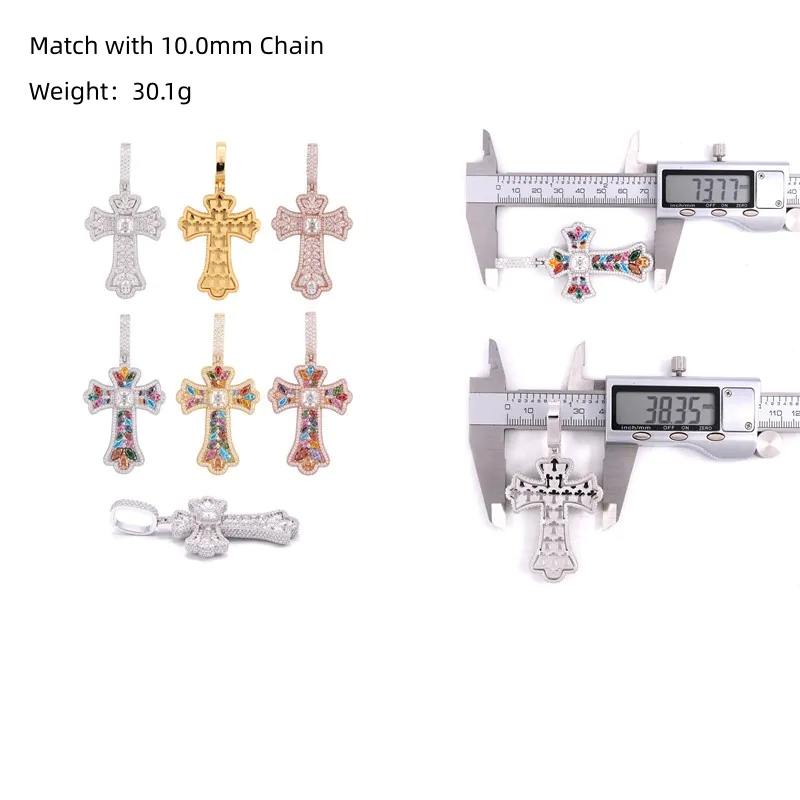 display of white and colorful moissanite cross necklaces on white background