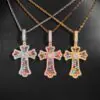 colorful moissanite gemstone cross necklace in 925 silver showing multi-color sparkle