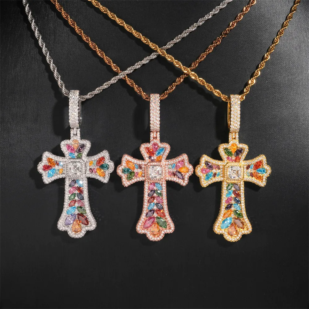colorful moissanite gemstone cross necklace in 925 silver showing multi-color sparkle