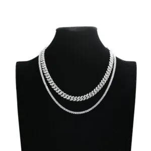 brass CZ cuban and tennis chain set front view showing 9mm cuban and 3mm tennis necklace layered together