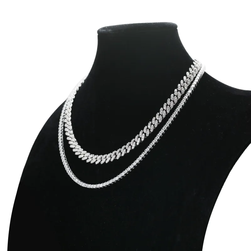 side view of brass 9mm cuban and 3mm tennis chain set showing thickness and smooth fit